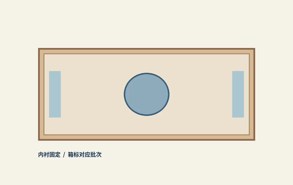 一件工业零件在内衬固定后入箱并标明方向的原创包装剖面图