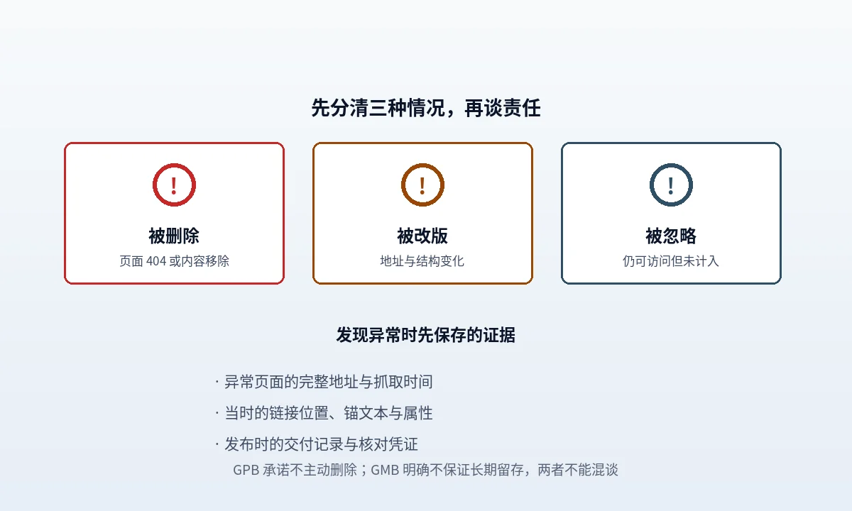 异常分流图:链接消失后先取证据与响应状态,再区分页面被删、页面被改版、被降权不再被计入三种情况,分别对应不同处理方