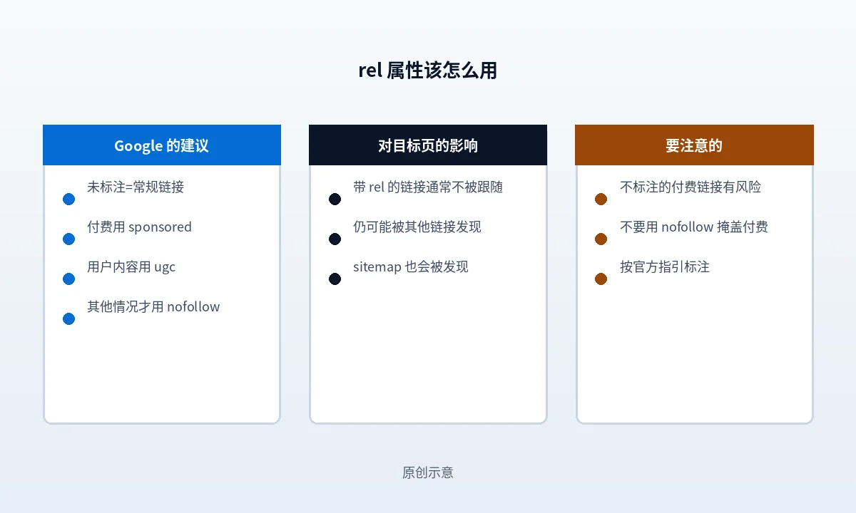 链接属性判断示意：左侧为查看源代码定位 a 标签属性的动作，右侧为未标注、nofollow、sponsored、ugc 四种标注分别代表的关系说明