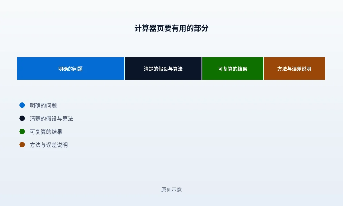 可编辑计算器页五项要素的组成示意条与清单:输入项、实时结果、口径说明、分享地址、边界提示,每项下方标出缺失之后读者会出现的反应