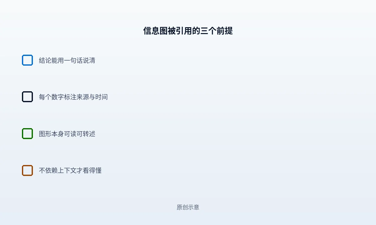 信息图动手前的三点核对清单:结论能否被写成一句话、数据来源与口径是否已经确定、对方拿走这张图的成本是否足够低,每项前面留出可勾选的判断框