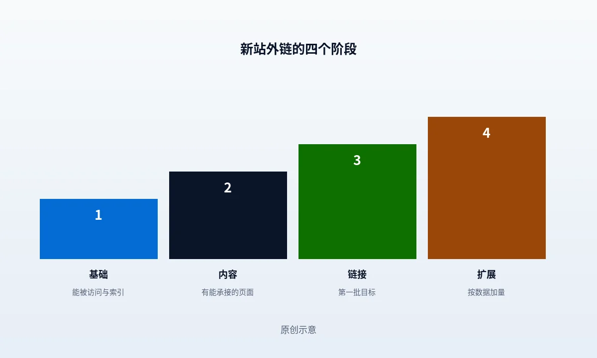 新站外链的四个阶段依赖:可被抓取、有内容可引、第一轮外链、扩面维护,以及各阶段的进入判定点