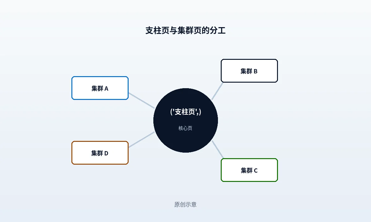 支柱页与集群页分工示意:外链集中指向覆盖最完整的支柱页,集群页通过站内链接向上汇聚,底部标出两处例外情形