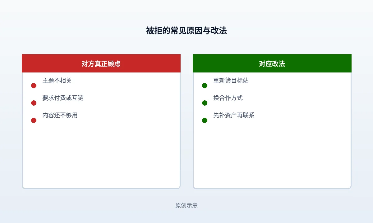 把拒答分成六类:对方顾虑、邮件中可观察的信号、可执行的改法,以及应直接放弃的判断分支
