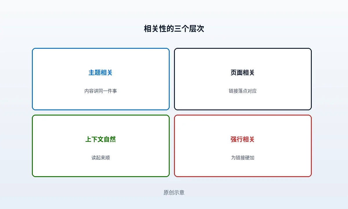 外链相关性三层拆解示意:主题层、页面层、上下文层自上而下排列,每层配一个可直接核对的判断问题与不通过的典型表现