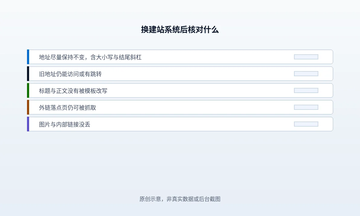 换建站系统后受影响的三个位置:URL 形态、链接输出形式、分页筛选生成规则,各自的验收标准