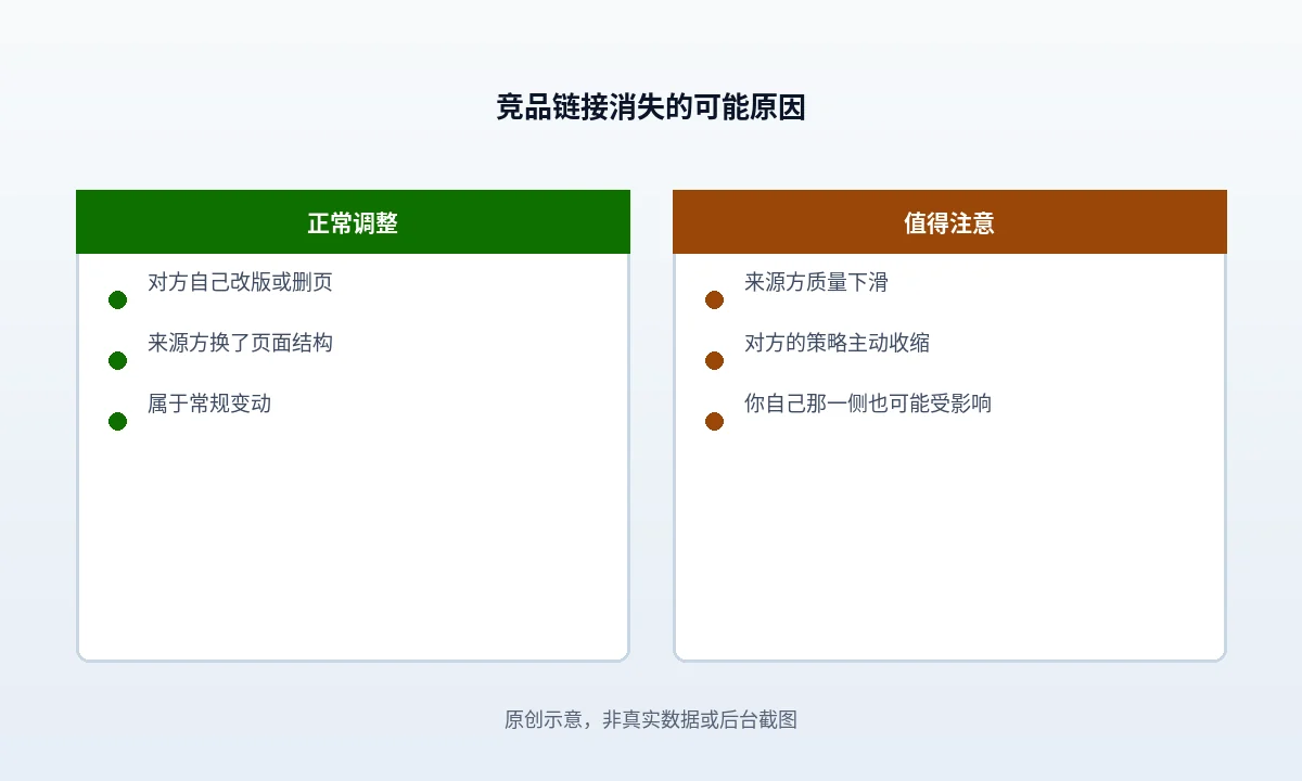 链接消失的五种成因分流：主动撤资、来源页消失、目标页改向、整站结构变化、工具口径变化，并标出只有一类需要立刻行动
