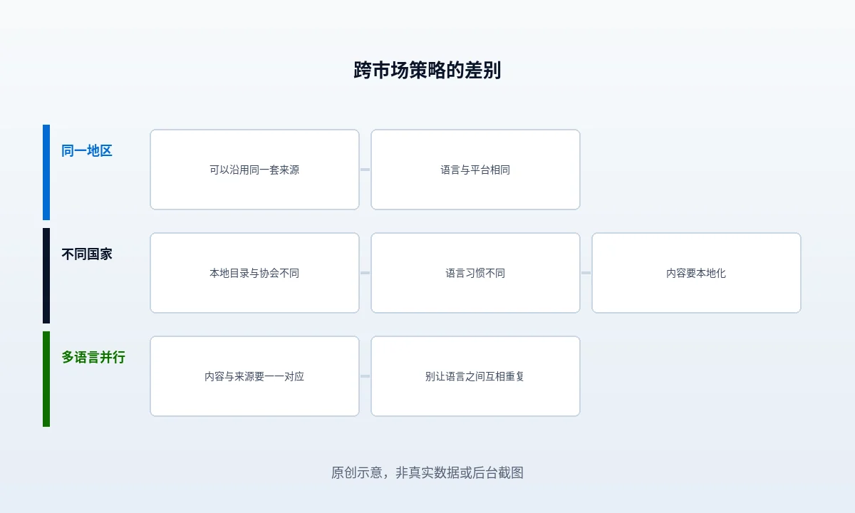 按语言和国家切分竞品来源结构后,三种站点结构分别指向本地关系型、全球重复型与时间投入型三类外链差距