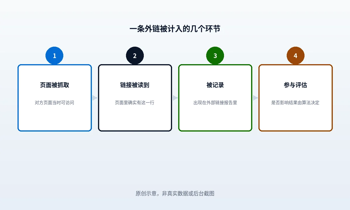 外链被计入的四道闸门示意:链接能否被解析为 a 标签、目标地址是否被发现、是否被抓取、是否被处理并进入数据口径;每一道闸门下方标出最常见的卡点