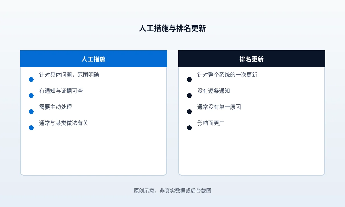 人工措施和排名更新的区别：受影响时该找什么证据