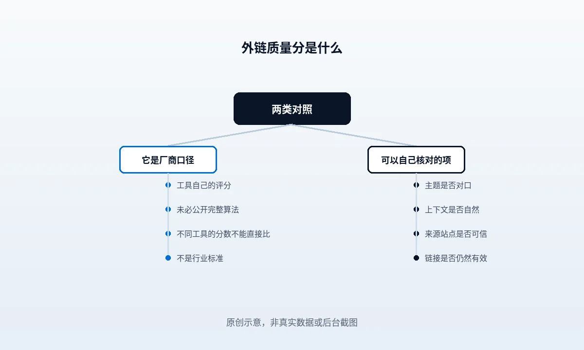 质量分的五个可观察输入维度:来源权威度、主题相关性、锚文本、放置位置、目标页,外加这个分数出自哪一家工具这一层口径前提
