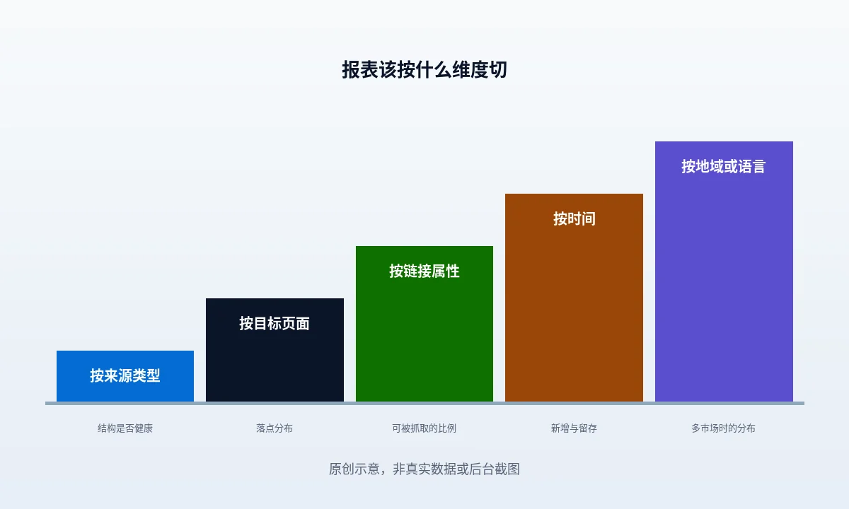 外链报表的六个切分维度,各自对应一个要回答的问题,以及切碎到每格不足十条时该撤掉哪一维