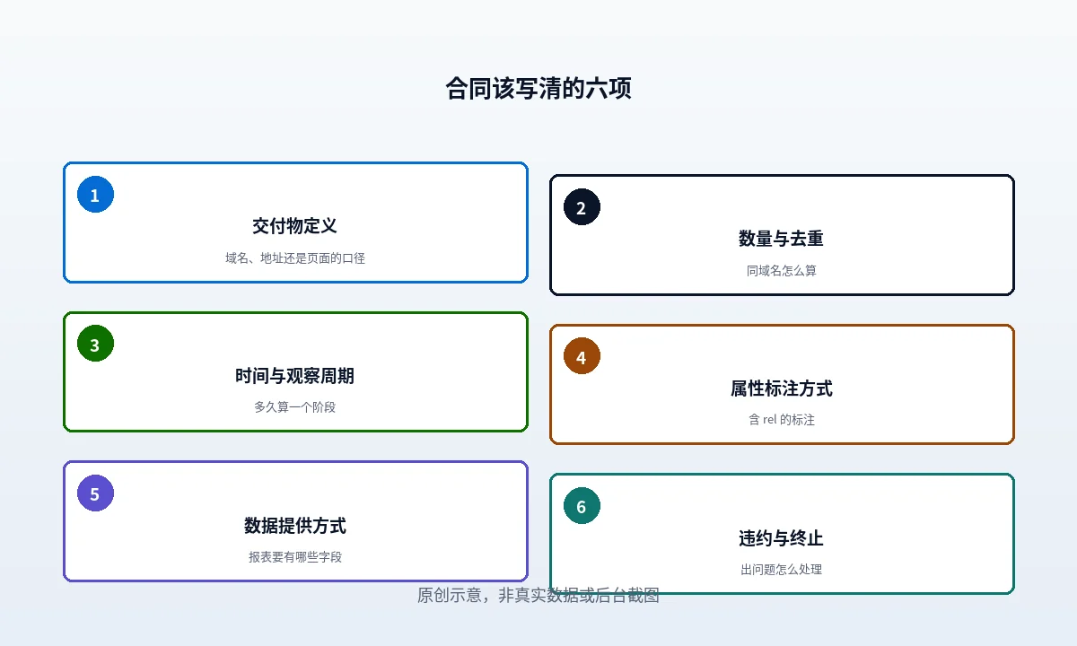 合同条款分三格:交付、权限、变更与退出,每格右侧各有一个可否核对的判定标记