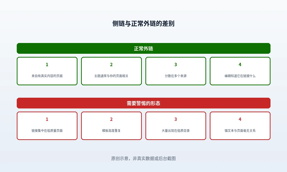 页面位置上侧链与正文链接的对照示意：正文段落内、页脚全站模板、侧边栏小部件、评论区与签名档，逐个位置标出上下文是否与目标页面主题相关