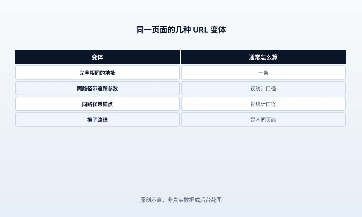 同一页面四种 URL 形态的归并示意:裸地址、带查询参数地址、末尾带锚点地址、大小写不同地址,逐个标出 Google 文档是否视为可区分以及应如何归并