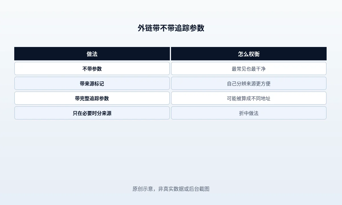 对外发链接时参数取舍的判断示意：按来源类型分为归因必需、归因可选、应当去掉三档，逐档标出地址是否应当保持唯一形态