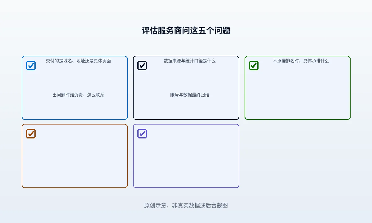 怎么判断 SEO 服务商靠不靠谱：五个可核对的问题
