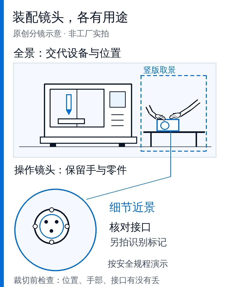 工厂装配拍摄分镜线描:设备全景交代位置,手部操作展示过程,接口近景用于核对细节,横竖裁切保留不同画面信息