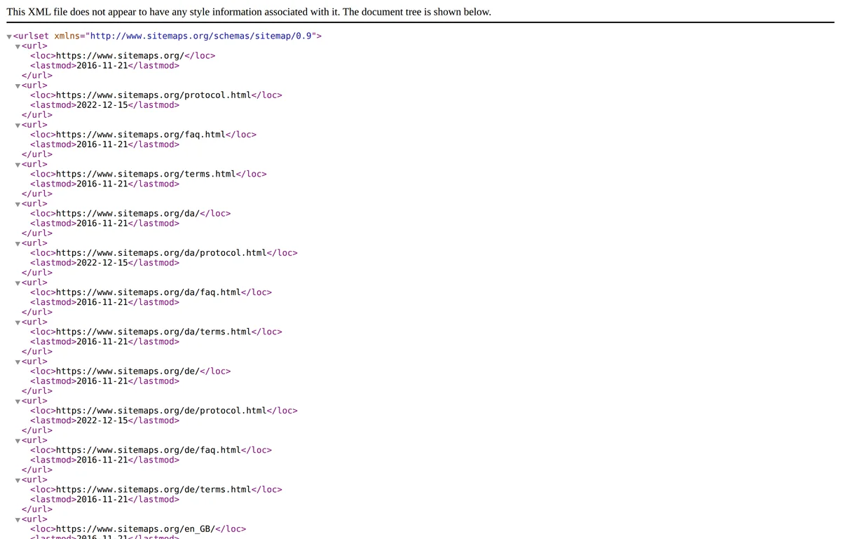 浏览器中打开的 sitemaps.org sitemap.xml 页面局部，每个 url 节点包含 loc 与 lastmod 两个标签，日期形如 2022-12-15