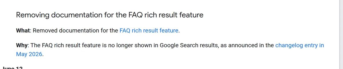 Google Search Central 文档更新页截图：Removing documentation for the FAQ rich result feature 条目及其说明文字