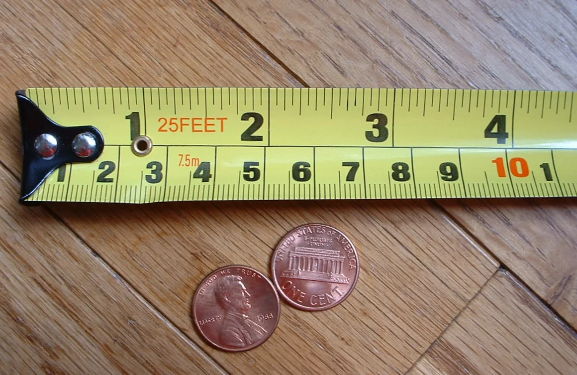 一把卷尺的局部：同一把尺上同时印有英寸刻度与厘米刻度，尺下放有两枚硬币作比例参照