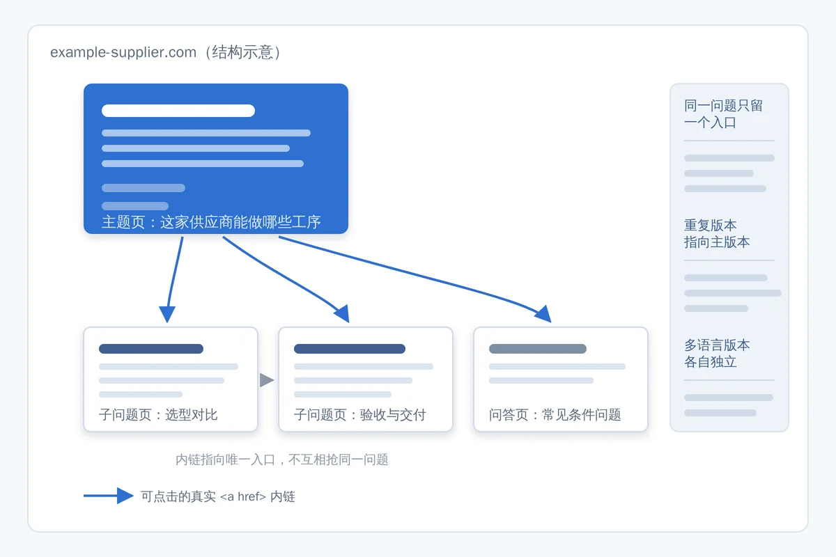 站点内容结构示意图：主题页位于上方，三个子问题页与问答页挂在下方，箭头表示实际可点击的内链方向，右侧列出同一问题只留一个入口、重复版本指向主版本、多语言版本各自独立三条规则