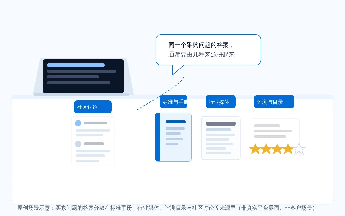 原创场景示意:笔记本上是一个采购问题,桌面上并排四类来源对象——标准与手册、行业媒体、带评分星的评测目录卡片、社区讨论串卡片