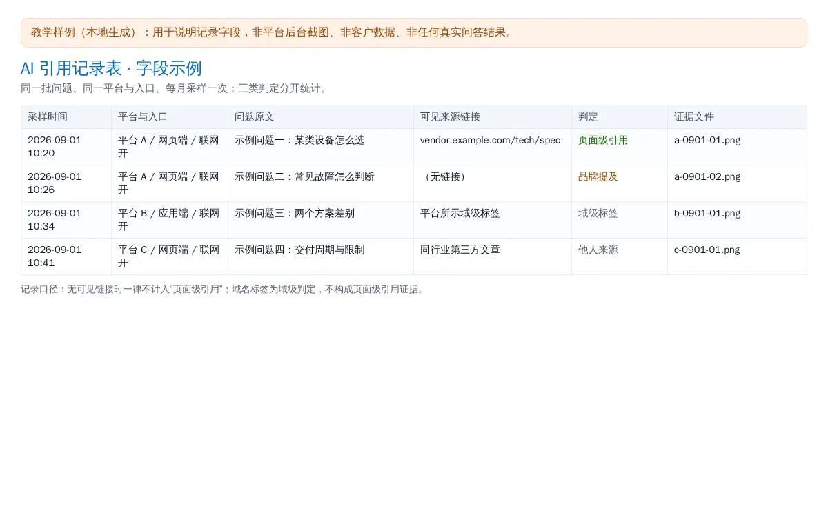 本地渲染的引用记录表示例,列有采样时间、平台、问题、引用链接、判定结论与截图文件名字段