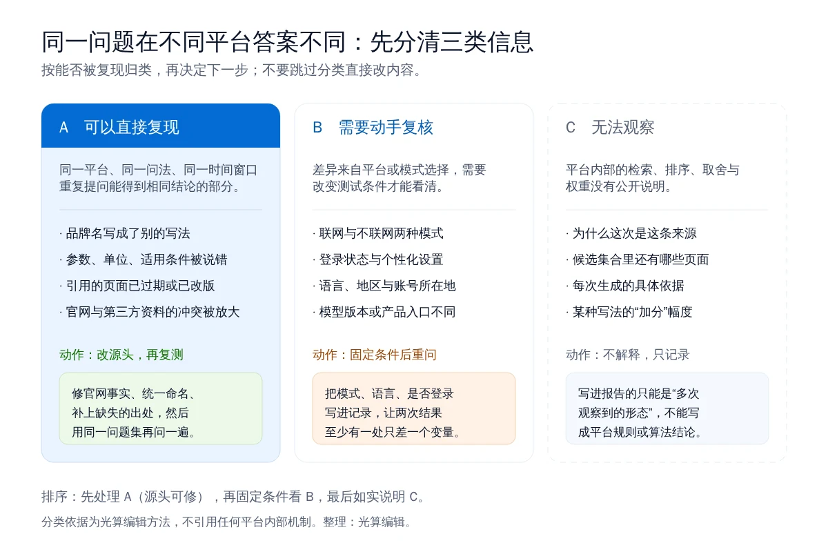 同一问题在不同平台答案不同：先分清三类信息再动手