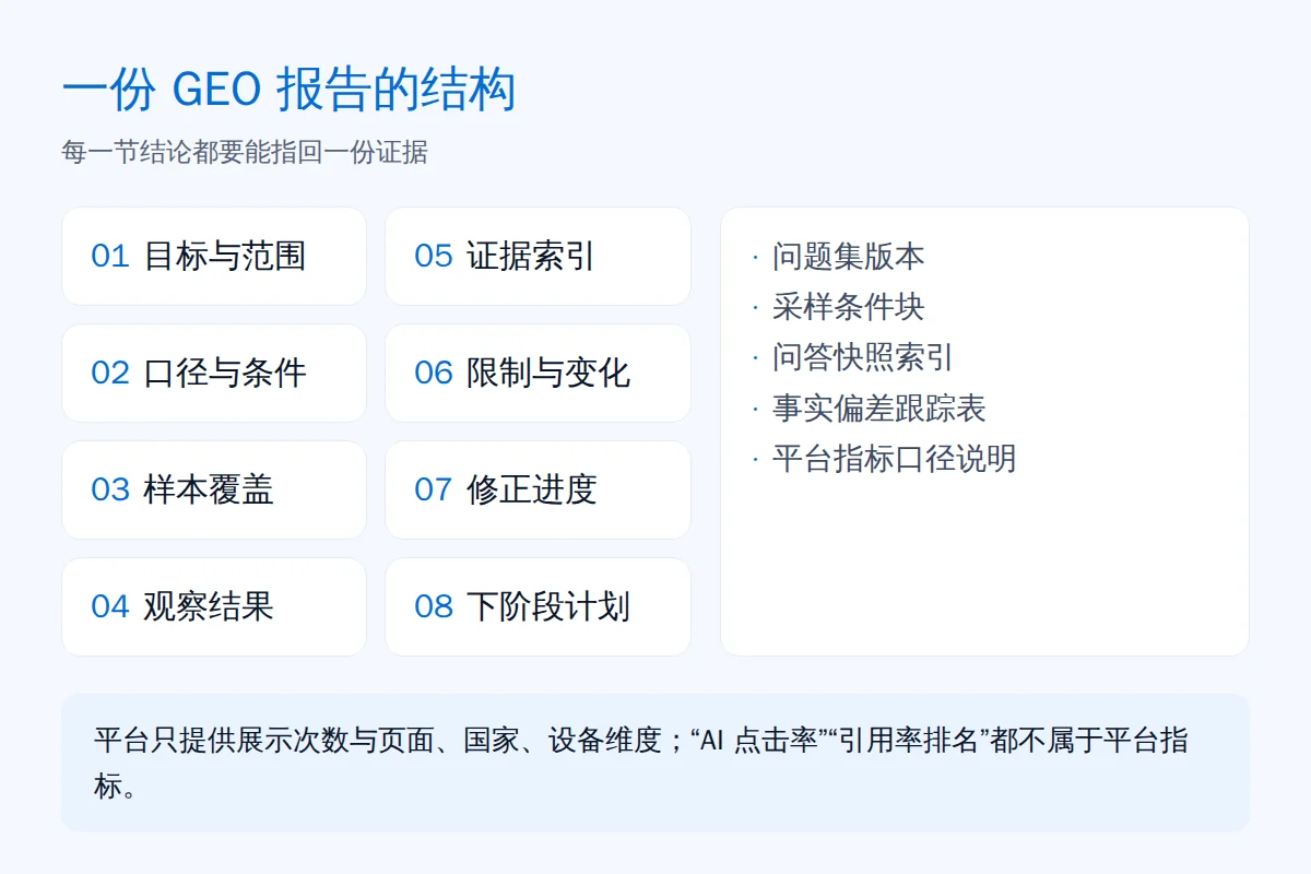 一份 GEO 报告该包含什么：结构、证据与不能写的话