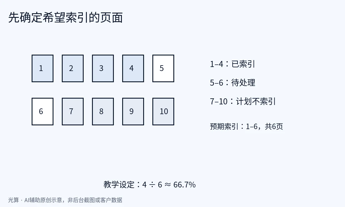 十个编号页面中1到4标已索引，5到6标待处理，7到10标计划不索引，预期索引共六页