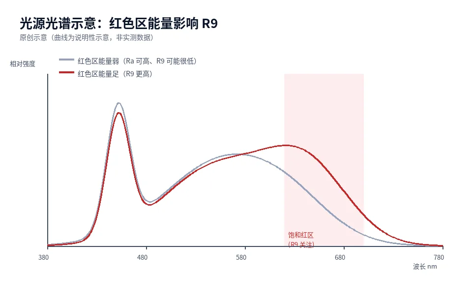 两条 LED 光谱示意曲线对比:红色区能量弱的曲线与红色区能量足的曲线,标注饱和红区(R9 关注)