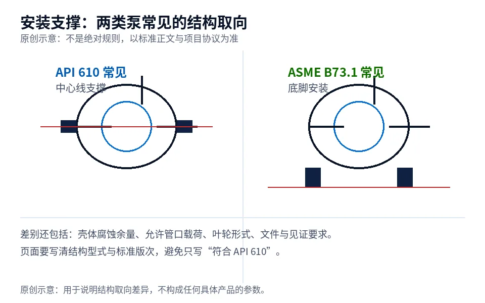 API 610 与 ASME B73.1 在安装支撑、壳体和适用工况上的差别示意图