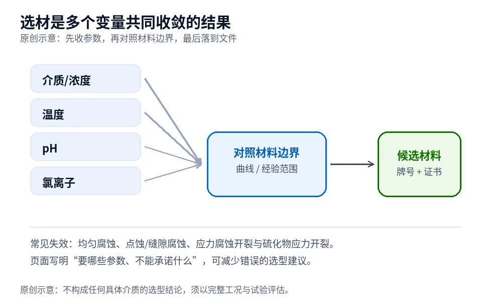 选材决策示意:介质、浓度、温度与氯离子共同决定材料边界,而非单一对照表