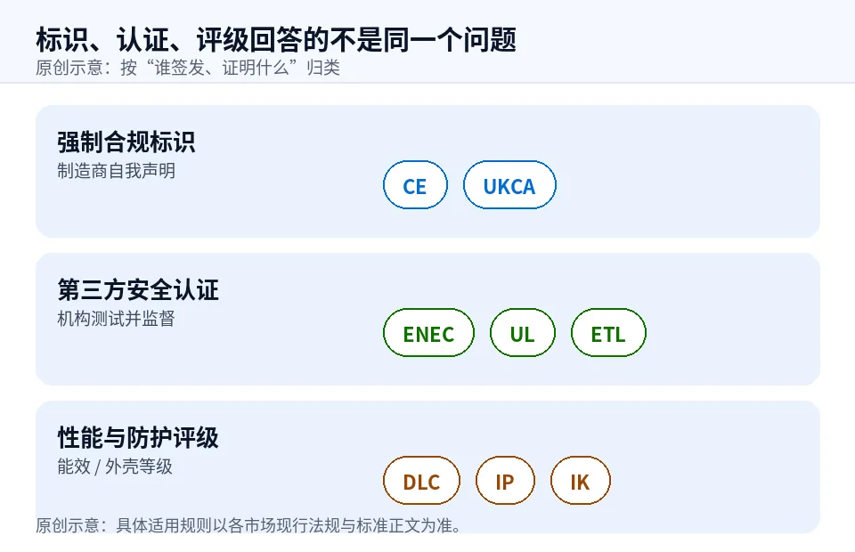 把 CE、ENEC、UL/ETL、DLC、IP、IK 按强制合规、第三方安全、性能与防护三类归位的原创示意图