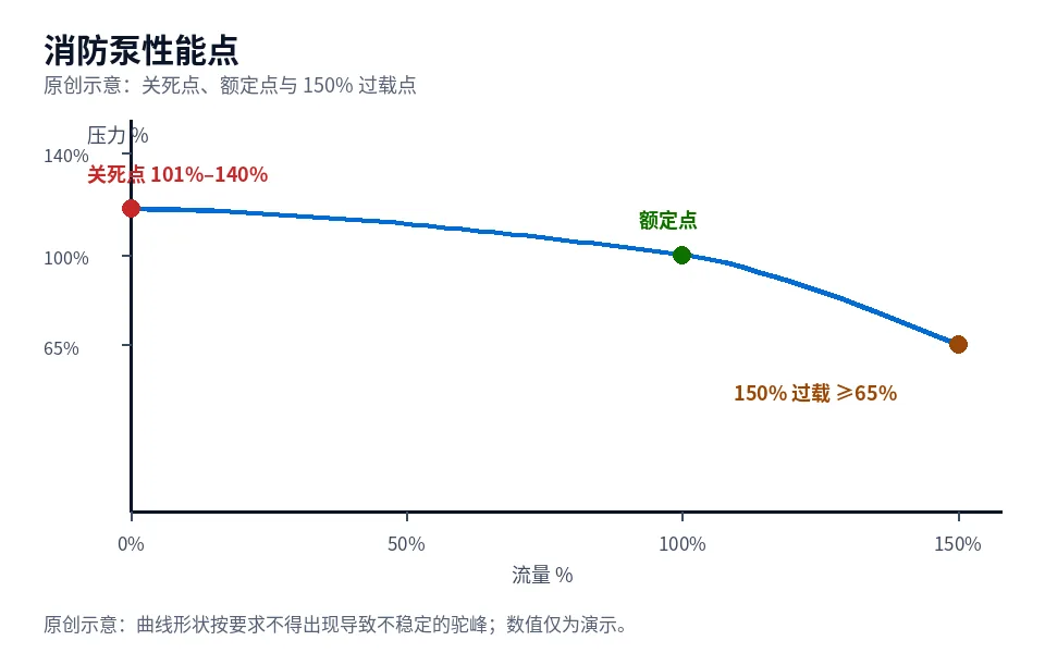 消防泵流量—压力性能曲线原创示意图,标出关死点、额定点与 150% 过载点