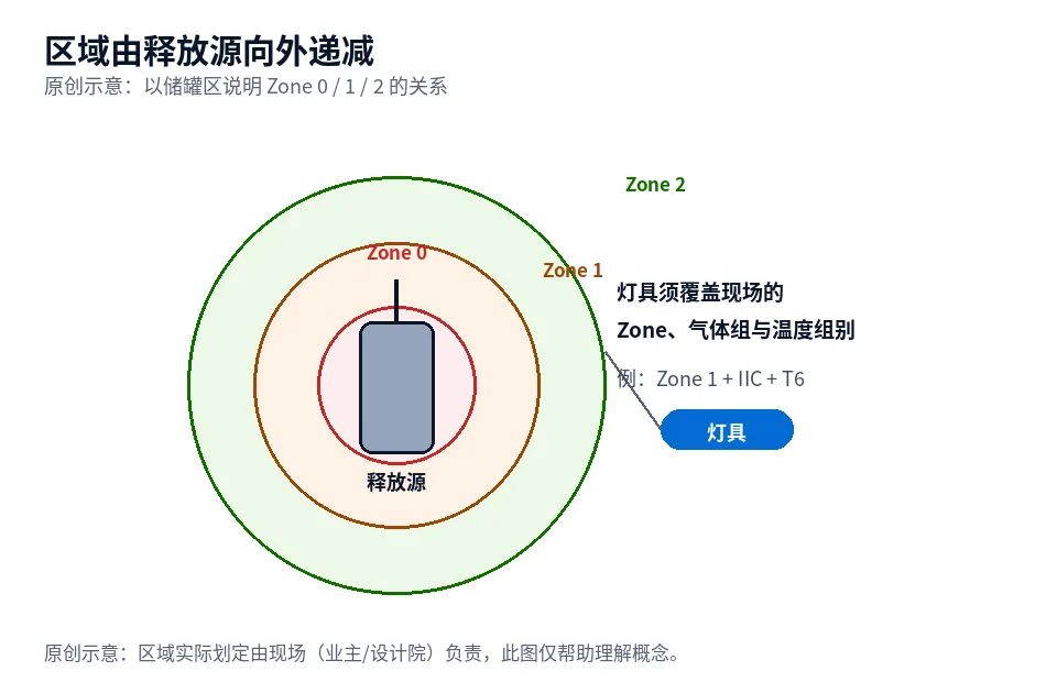 危险场所区域划分与灯具布置的原创示意图,展示 Zone 0、Zone 1、Zone 2 与光源位置的关系