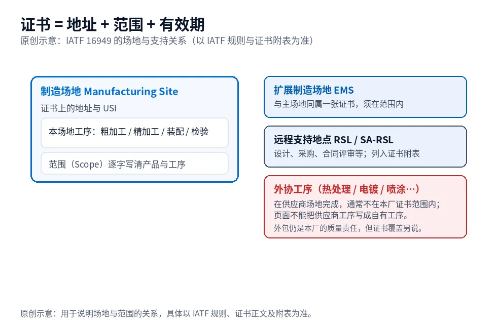 原创示意图:IATF 16949 证书中制造场地、扩展制造场地、远程支持地点与外协工序的关系