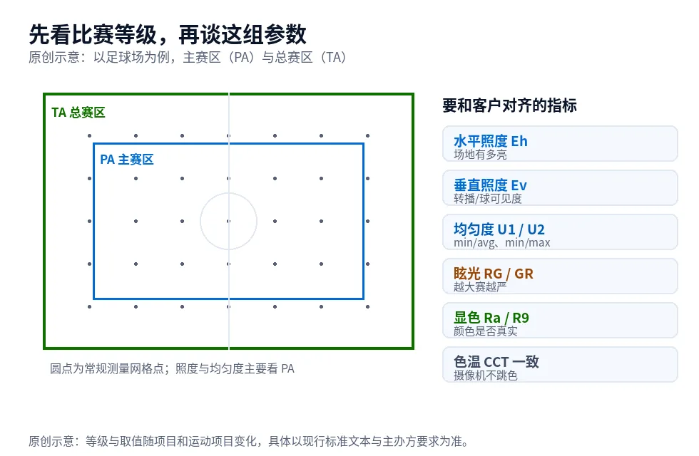 原创示意图:足球场主赛区 PA 与总赛区 TA 的关系,以及照度、均匀度、眩光、显色等需对齐的指标