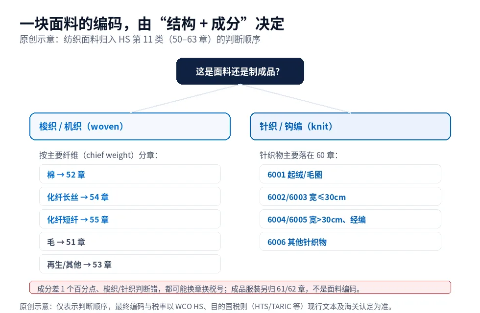 原创示意图:纺织面料 HS 编码判断顺序,先分梭织与针织,再按主要纤维成分分章