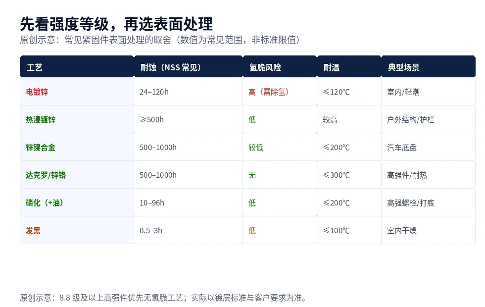原创示意图:紧固件常见表面处理的耐蚀、氢脆风险、耐温和典型场景对照矩阵