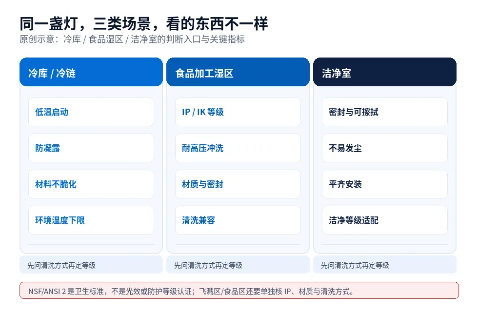 原创示意图:冷库、食品加工湿区与洁净室三类场景各自要看的关键指标,以及 NSF/ANSI 2 定位的说明