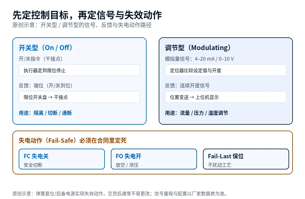原创示意图:阀门执行器开关型与调节型的控制信号、反馈方式与失电动作(FC/FO/Fail-Last)对照