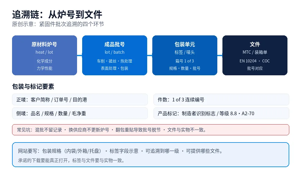 原创示意图：紧固件从原材料炉号、成品批号、包装标签到材质证明文件的追溯链，以及各环节的记录要点