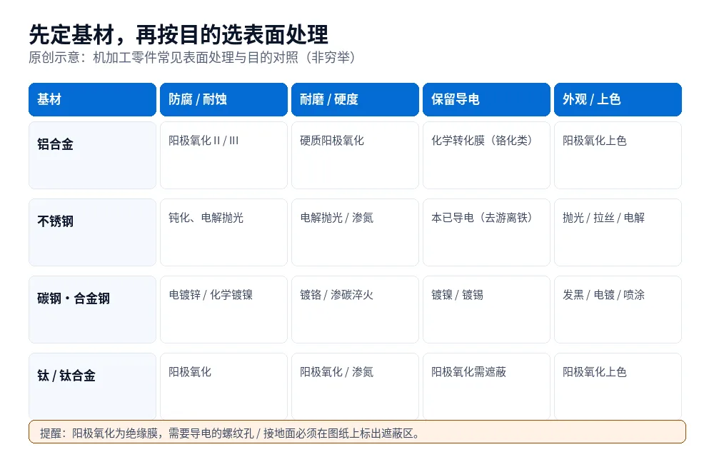 原创示意图：按基材（铝、不锈钢、碳钢、钛）与目的（防腐、耐磨、导电、外观）选择机加工零件表面处理的对照表