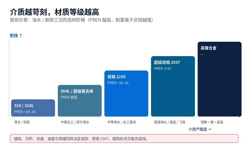 原创示意图:按介质腐蚀严酷度(清水、苦咸水、直接海水、高温浓盐水、脱硫浆液)对应 316L、904L、2205、2507 与高镍合金的选材阶梯