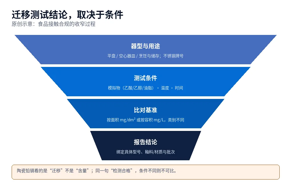 原创示意图:食品接触合规判断,从器型与用途,到迁移测试条件,再到限量口径与报告结论