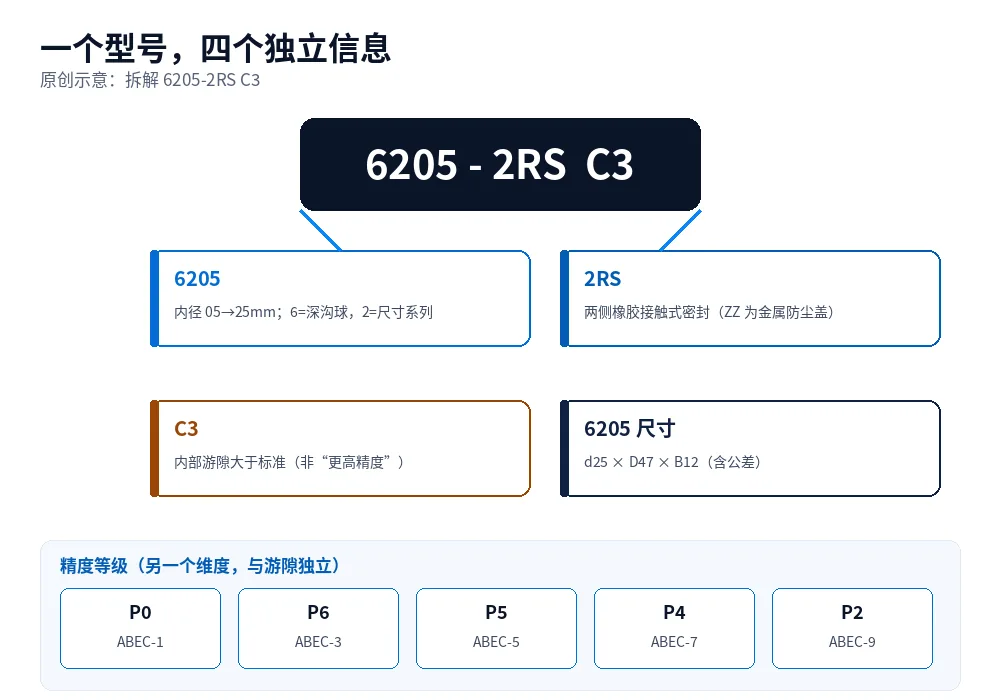 原创示意图:把 6205-2RS C3 型号拆解为内径代码、尺寸系列、密封与游隙,并附精度等级对照