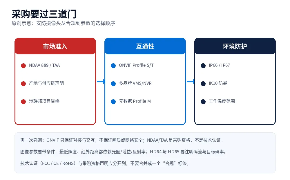 原创示意图:安防摄像头采购的三道门——市场准入(NDAA/TAA)、互通性(ONVIF)与环境防护(IP/IK)
