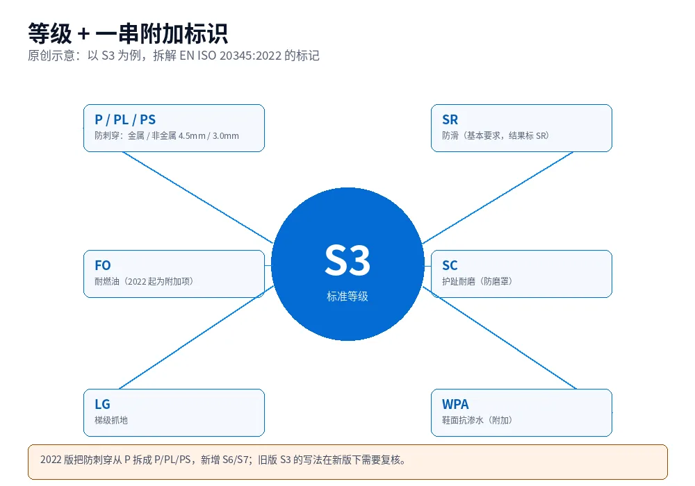 原创示意图:以 S3 为中心,拆解防刺穿 P/PL/PS、防滑 SR、耐油 FO、护趾 SC、梯级抓地 LG 等附加标识